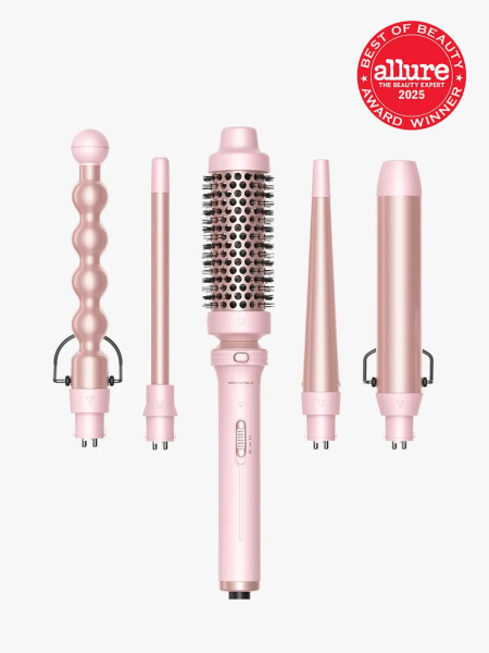 Wavytalk Multi Curl 5-in-1 Curling Wand Set in branded components with best of beauty 2025 seal in the top right corner on a light gray background